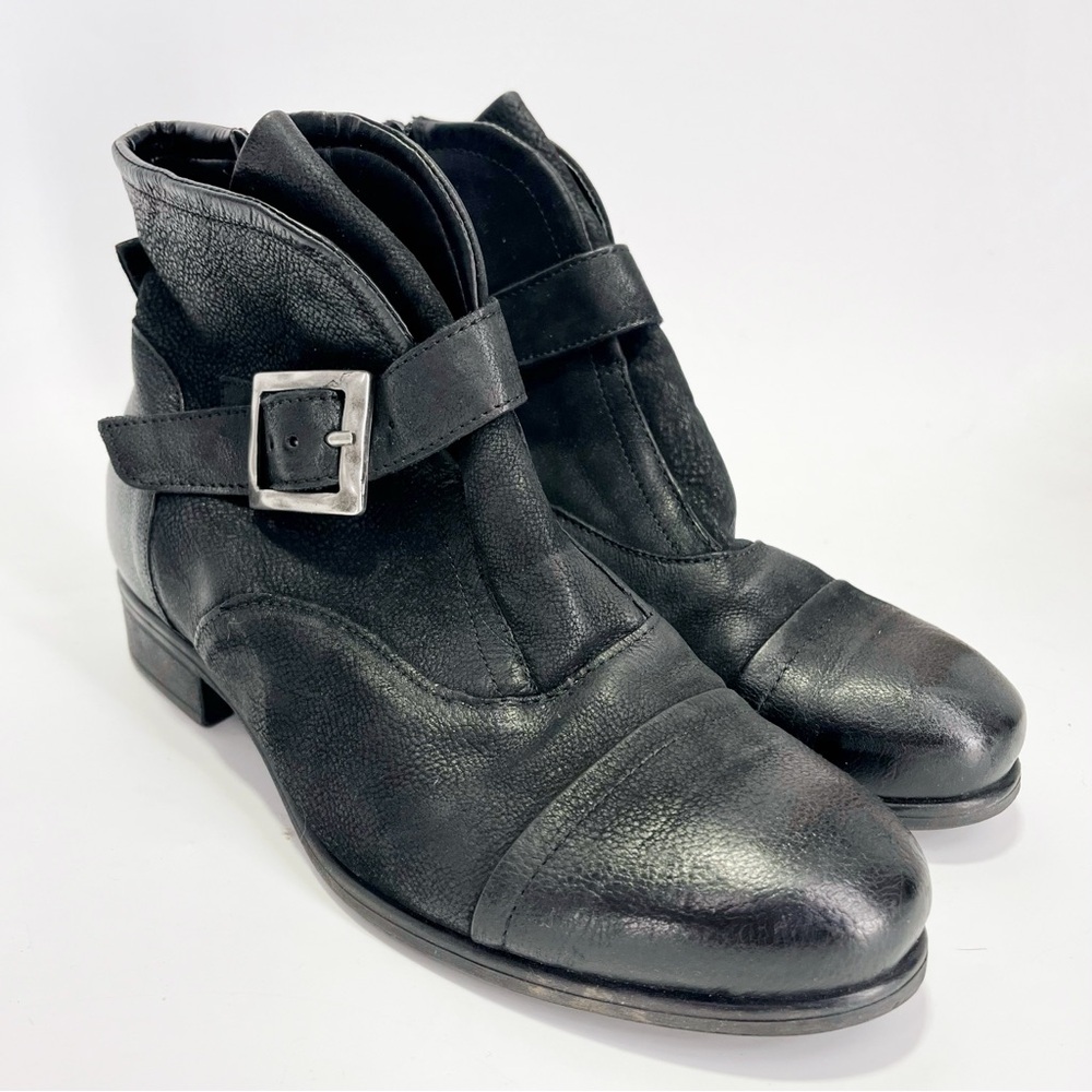 Miz Mooz Black Leather Combat Moto Ankle Boots with Silver Buckle - Picture 3 of 9